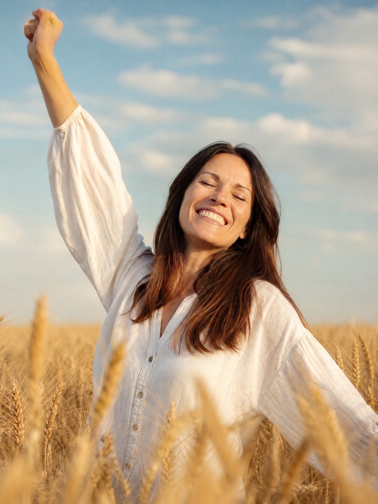 Mujer sintiendo calma en la naturaleza al atardecer
